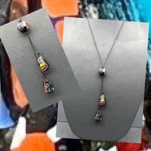 Glass Pendant Necklace Triple Three Bead Y Drop Black Multicolor Marbled BoHo
